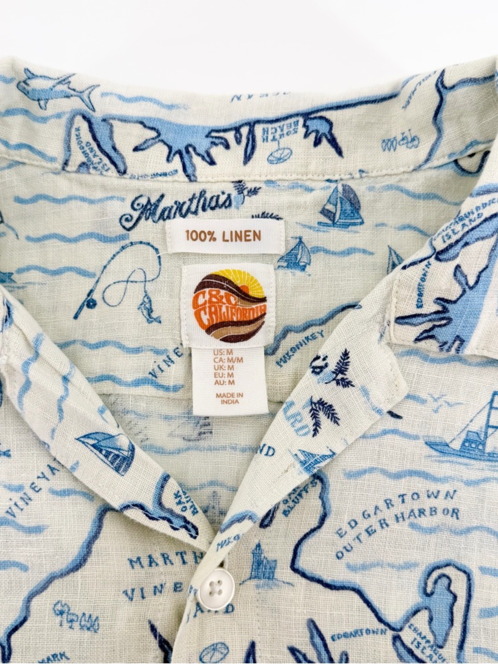 C&C California Men’s Medium 100% Linen Martha's Vineyard Map Print Coastal Shirt - Picture 4 of 8